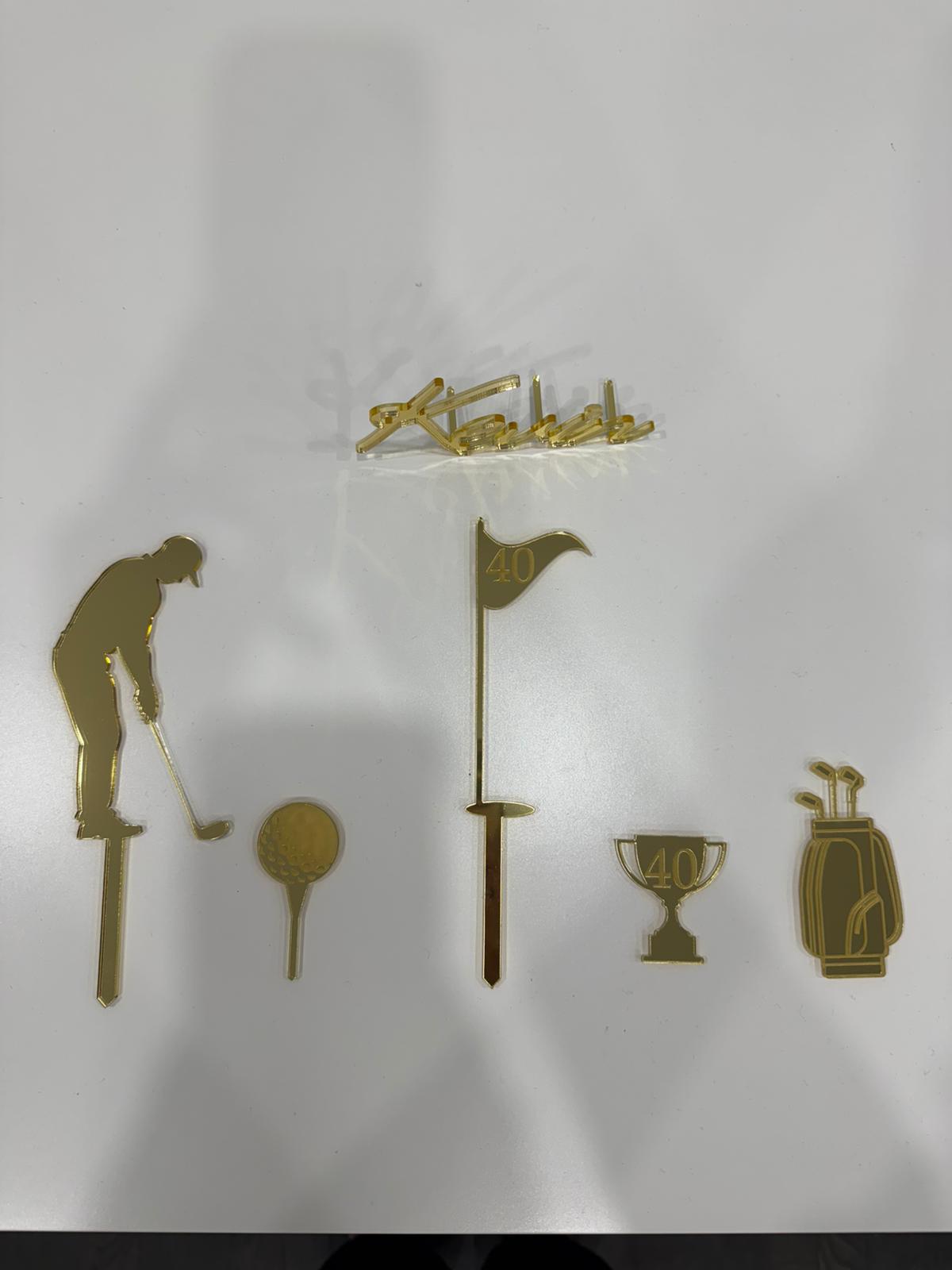 "THE GOLFER" Golden acrylic cake topper set