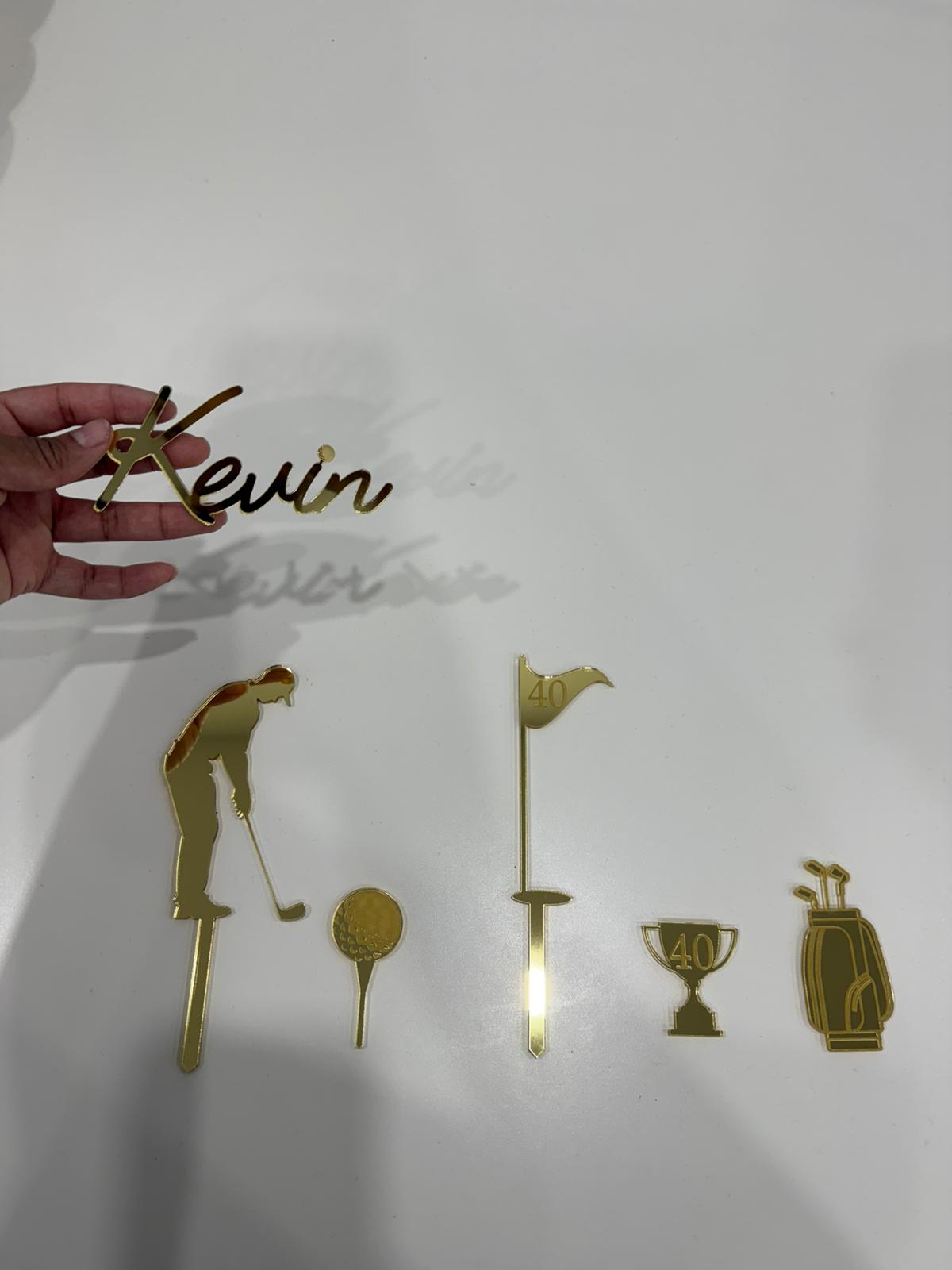 "THE GOLFER" Golden acrylic cake topper set