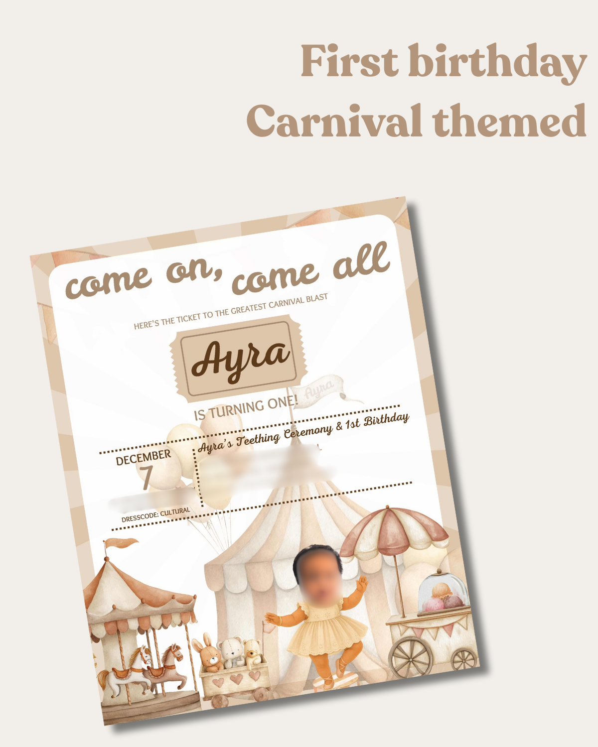 "TINY TICKET TO ONE" First Carnival Themed Birthday E-card