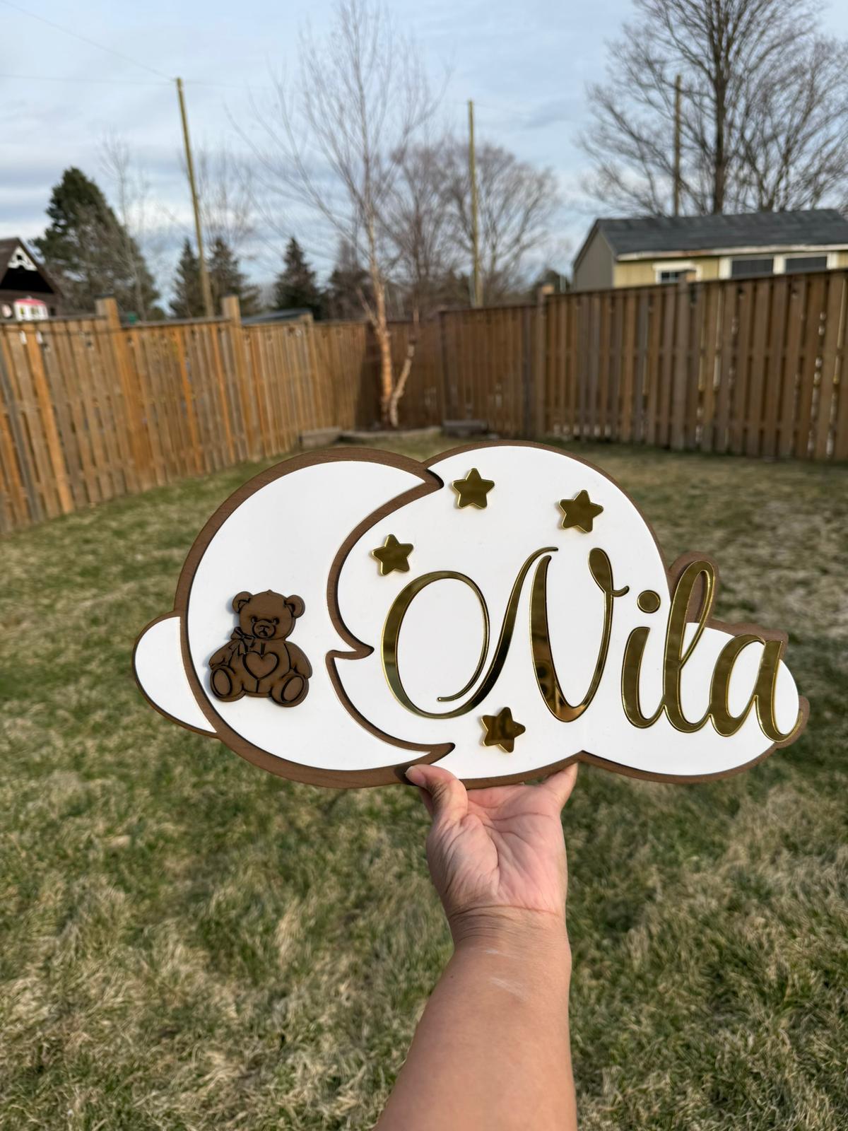"NILA: THE ENCHANTING WHITE MOON" Name sign for nurseries or kids' room
